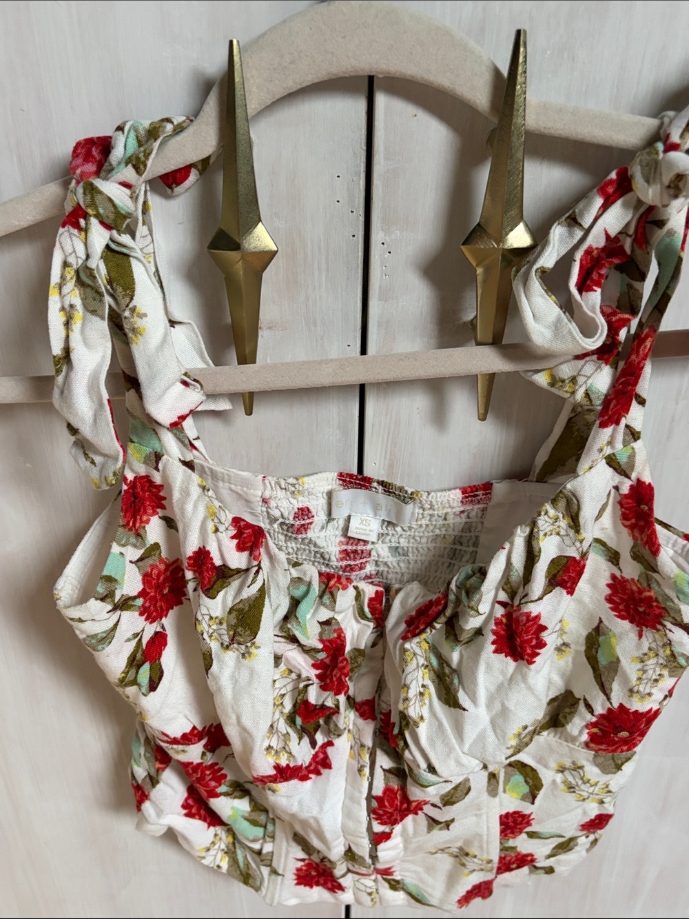 Women’s Floral Tie-Shoulder Tank Top - White with Red Floral Print